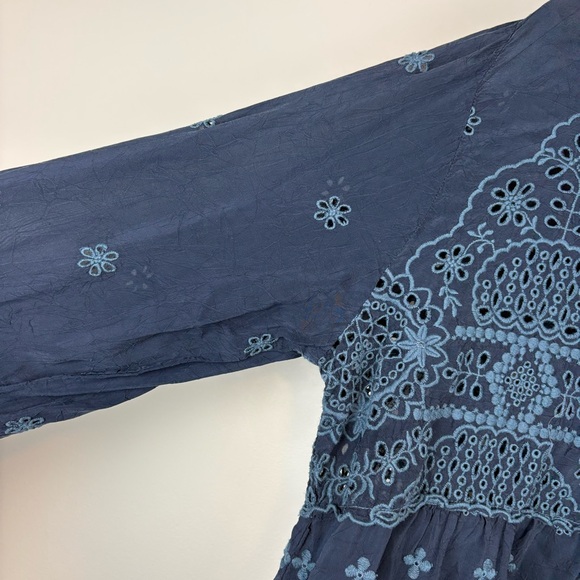 Johnny Was Floral Embroidered Henley Tunic Top Bohemian Blue Sz S Eyelet - Picture 3 of 10
